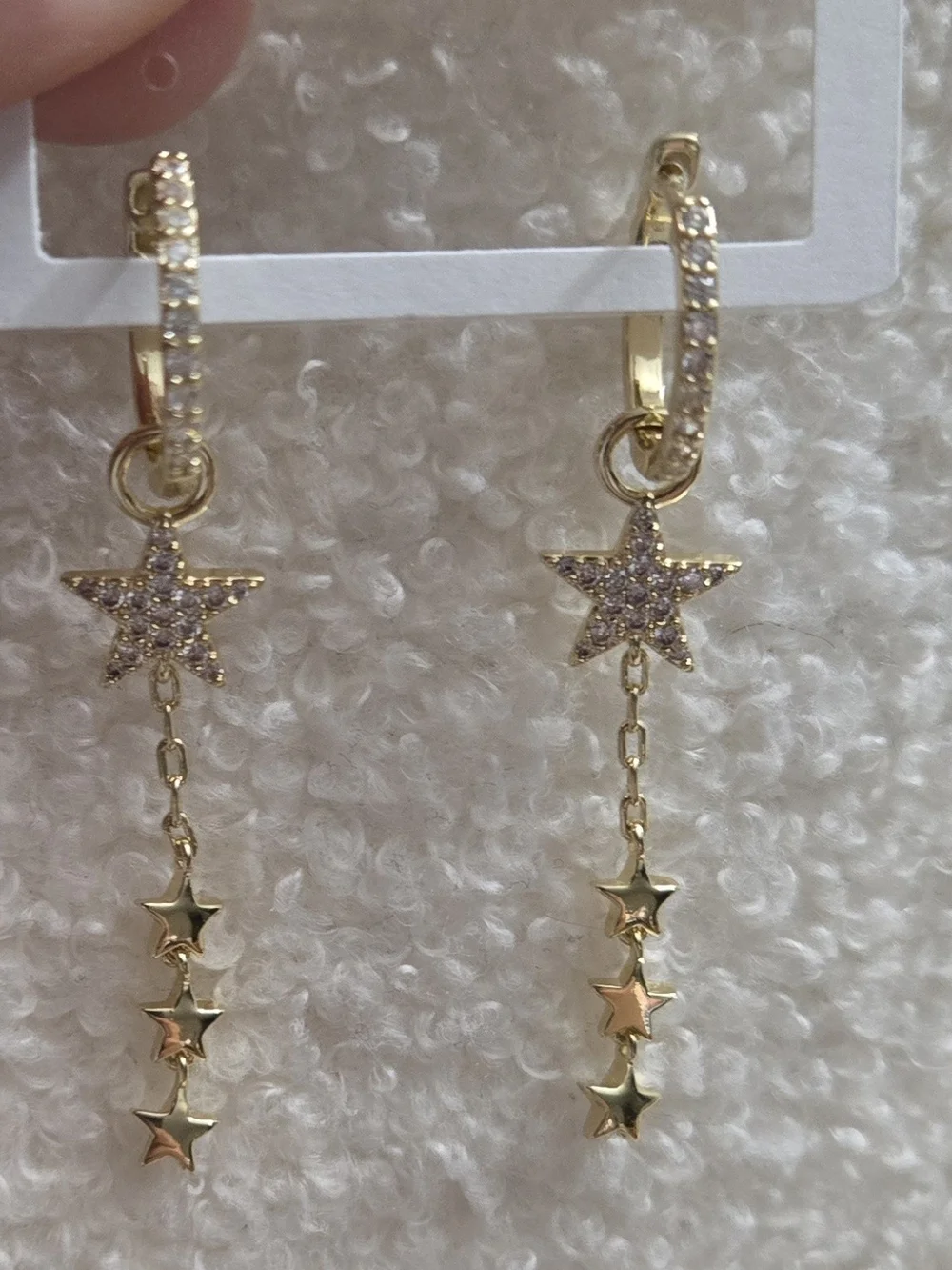 Gold Star Drop Hoop Earrings with Pave CZ Stars